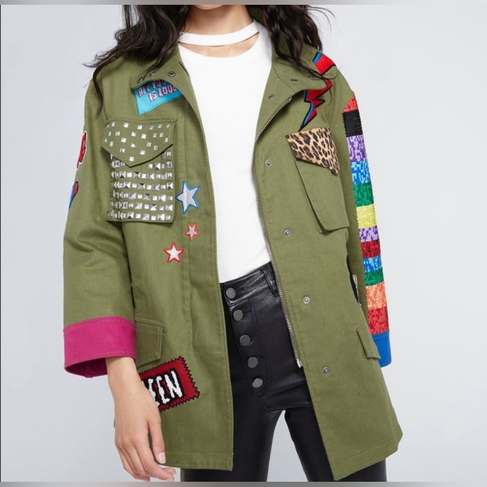 Alice & Olivia Russo Patchwork Oversized Parka Jacket S Army Green $695